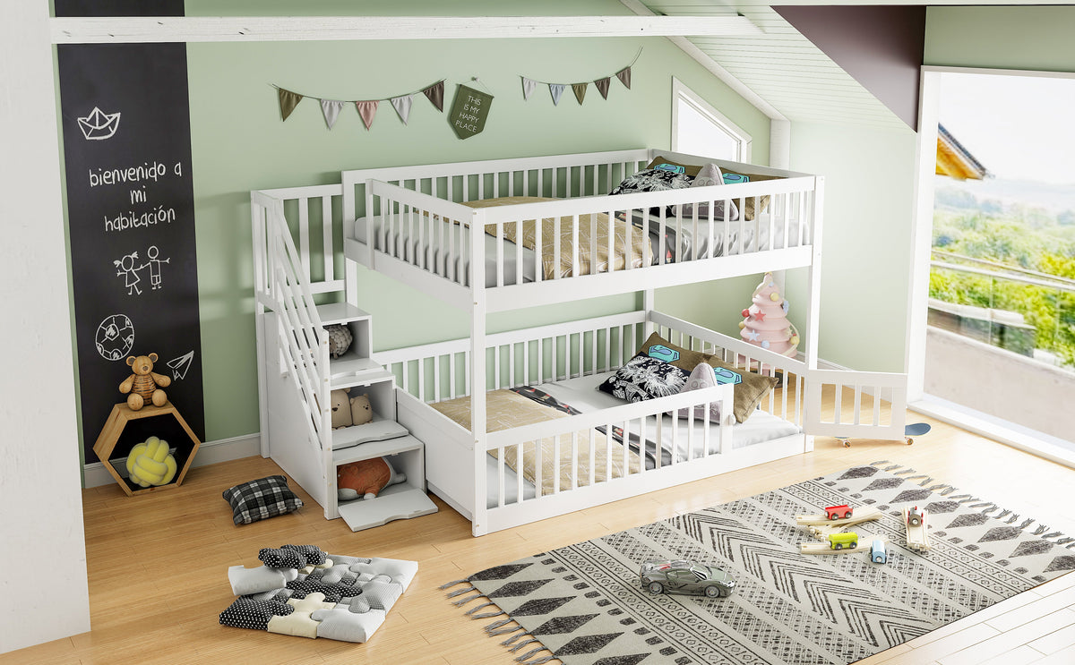 Bunk Bed 140x200, with Safety Stairs and Storage Drawers, White Wood