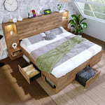 Wooden Double Bed with LED Downlights, USB-C, Floating Bedside Tables and Drawers, 180x200cm, Oak Look