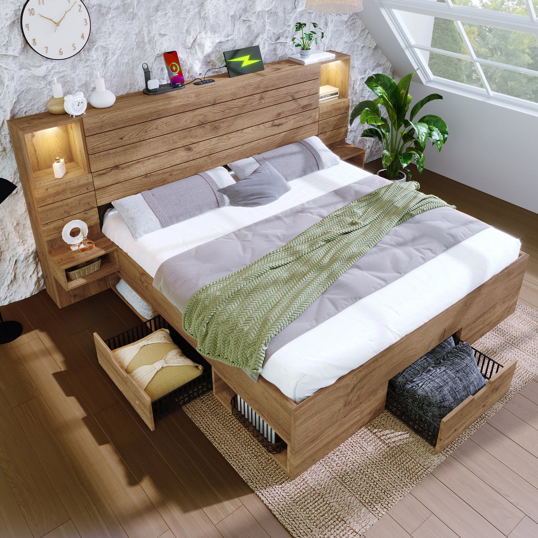 Wooden Double Bed with LED Downlights, USB-C, Floating Bedside Tables and Drawers, 180x200cm, Oak Look