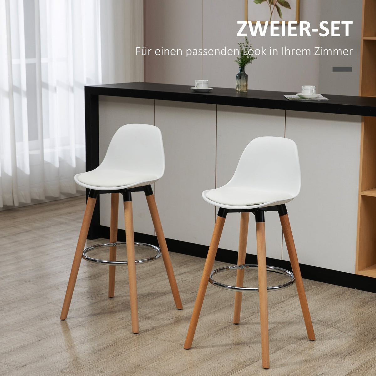 Set of 2 bar stools, kitchen stools, bar chair with footrests, artificial leather, white