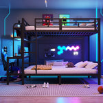 Bunk Bed with Desk, Storage, LED Light and USB Port, 140 x 200 cm, Black Iron
