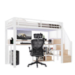 Loft Bed 90x200cm with Ladder Storage & LED, White Metal Frame