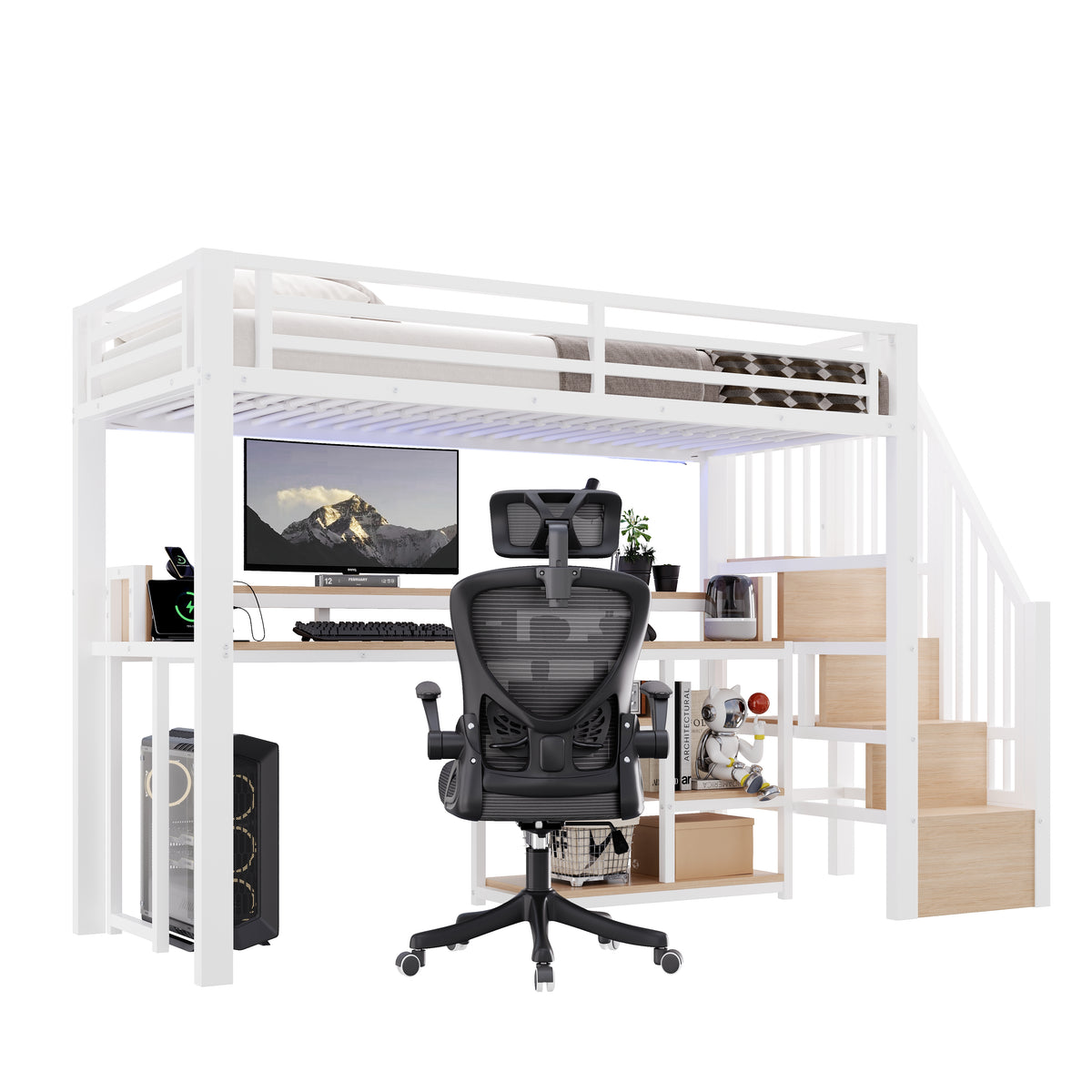 Loft Bed 90x200cm with Ladder Storage & LED, White Metal Frame