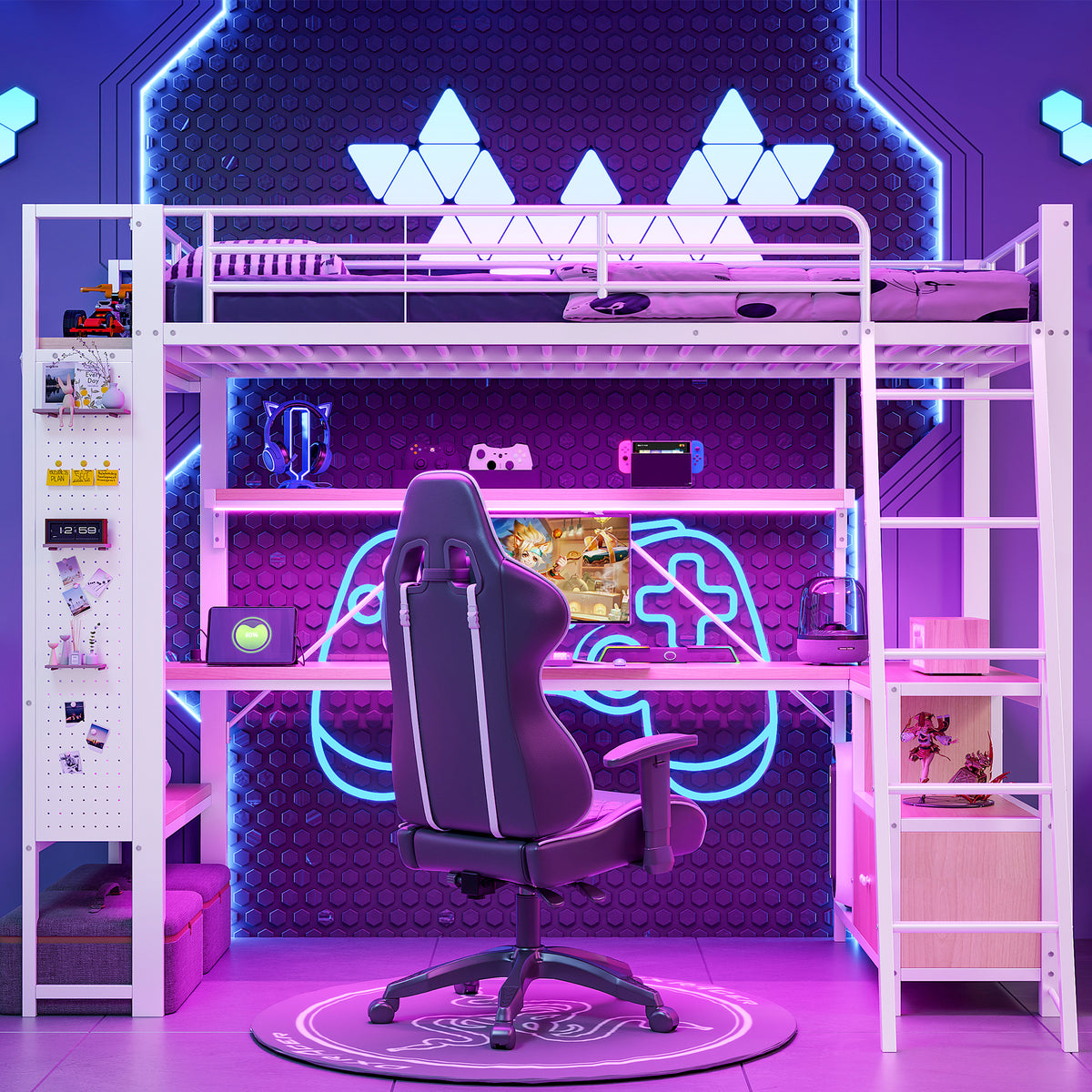 Loft Bed 90x200cm with Desk, LED & USB, White Iron Frame