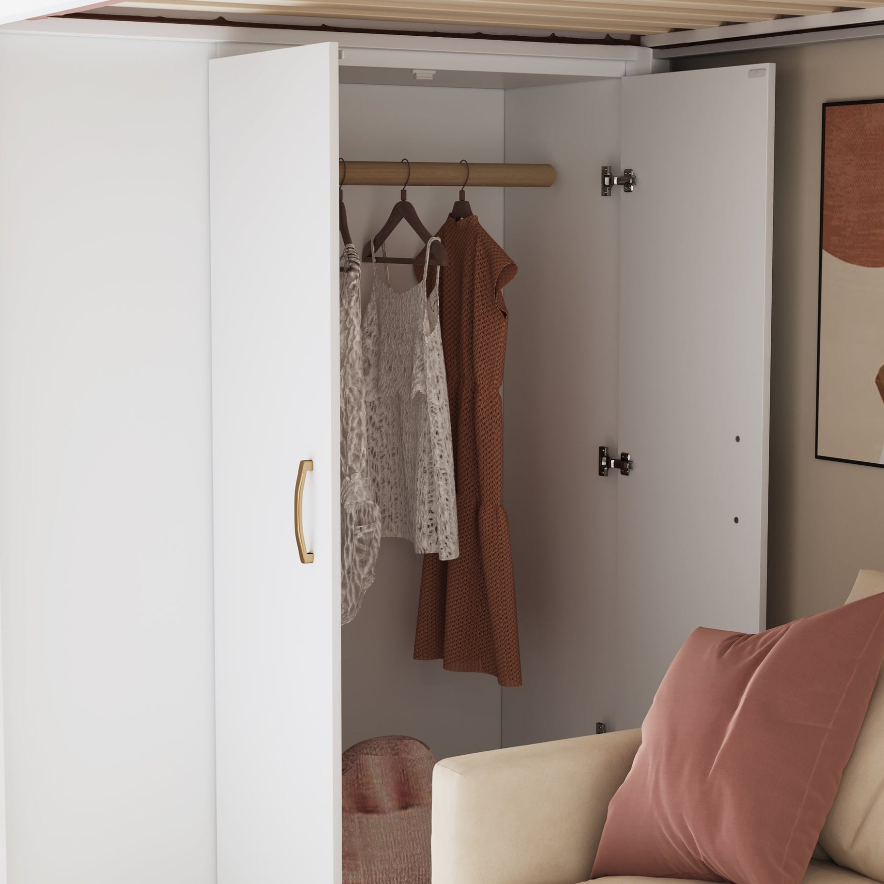 Loft Bed 90x200cm with Wardrobe Storage Cabinet Shelves & Ladder - White
