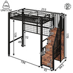 Loft Bed 90x200cm with Wardrobe & LED Lights, Black Iron Frame