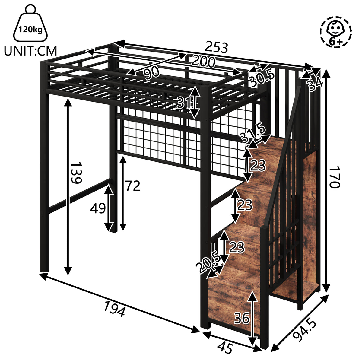 Loft Bed 90x200cm with Wardrobe & LED Lights, Black Iron Frame