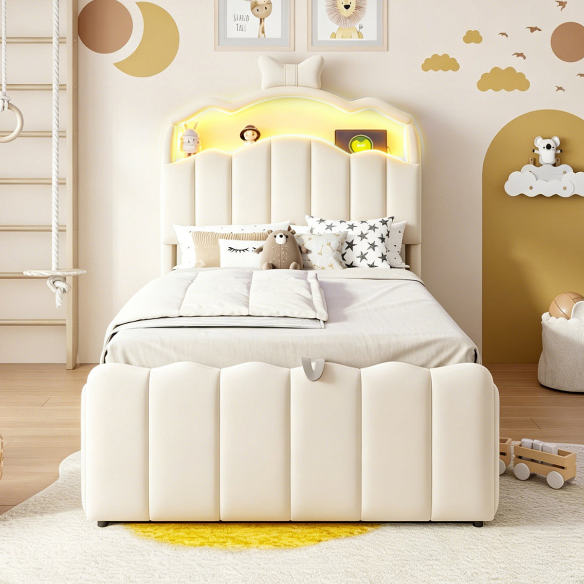 Children's Bed 90x200 Hydraulic Storage & LED, Beige Velvet