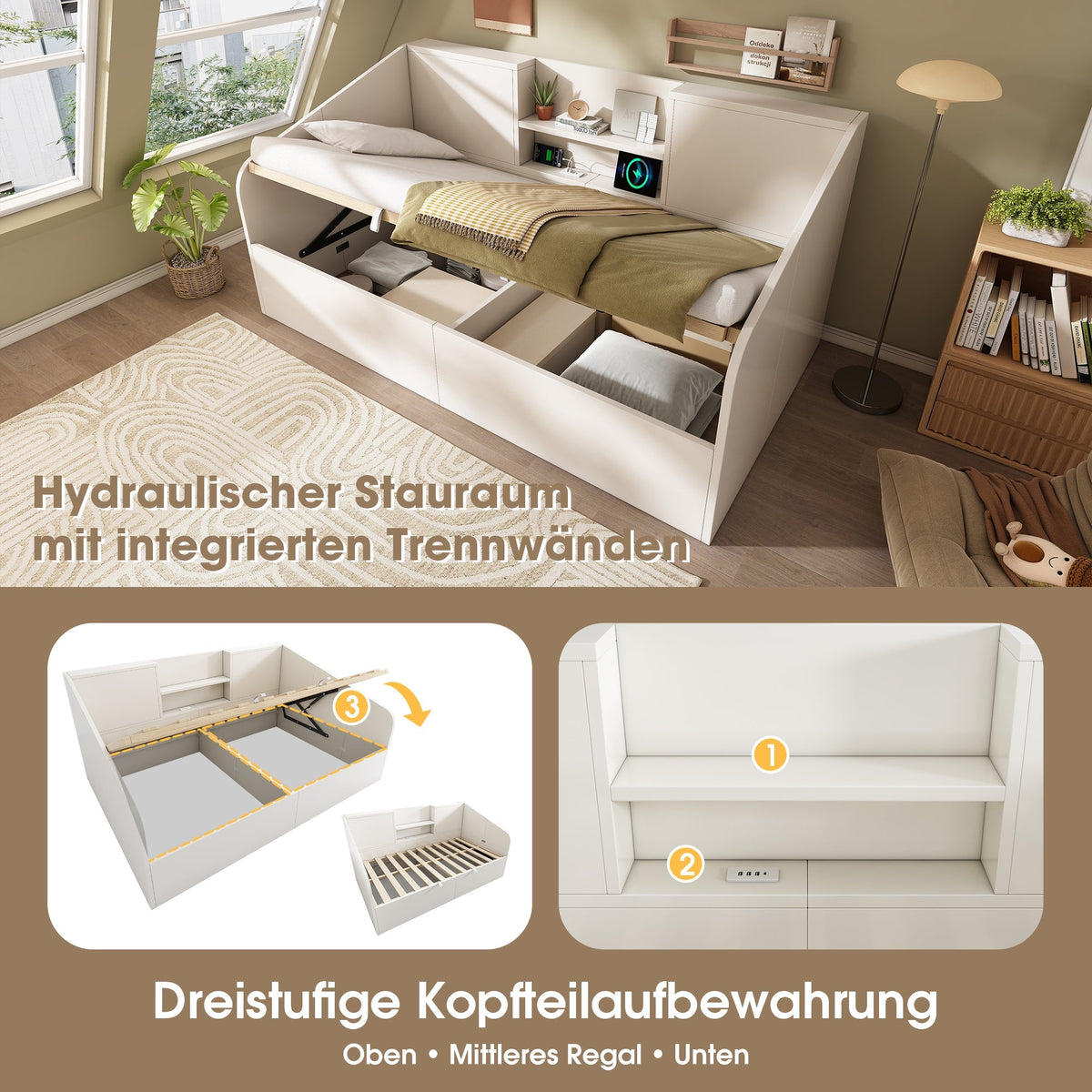 Hydraulic Daybed 90x190cm Storage USB/Type-C Charging 2 Shelves - White Wood