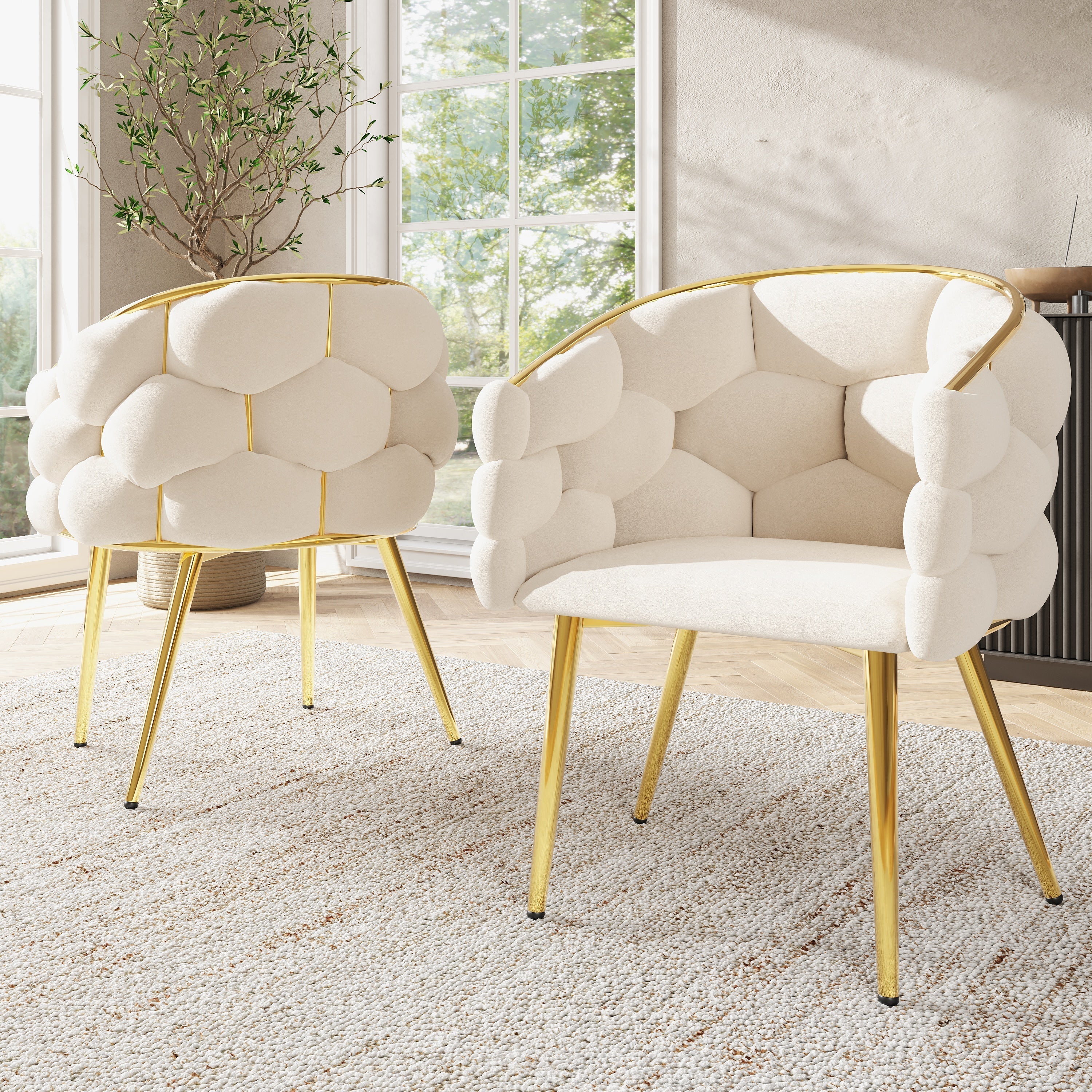 Luxurious Velvet Chairs Set of 2 Modern Ergonomic Gold-Plated Iron Legs Beige