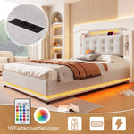 Upholstered Bed 140x200cm Hydraulic Storage LED USB/Type-C Linen Beige