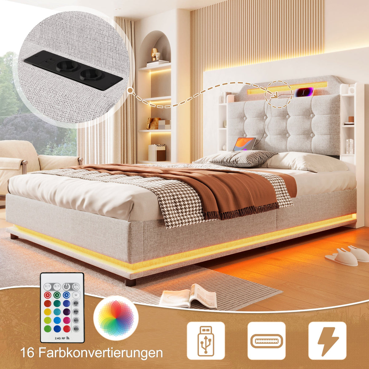 Upholstered Bed 140x200cm Hydraulic Storage LED USB/Type-C Linen Beige