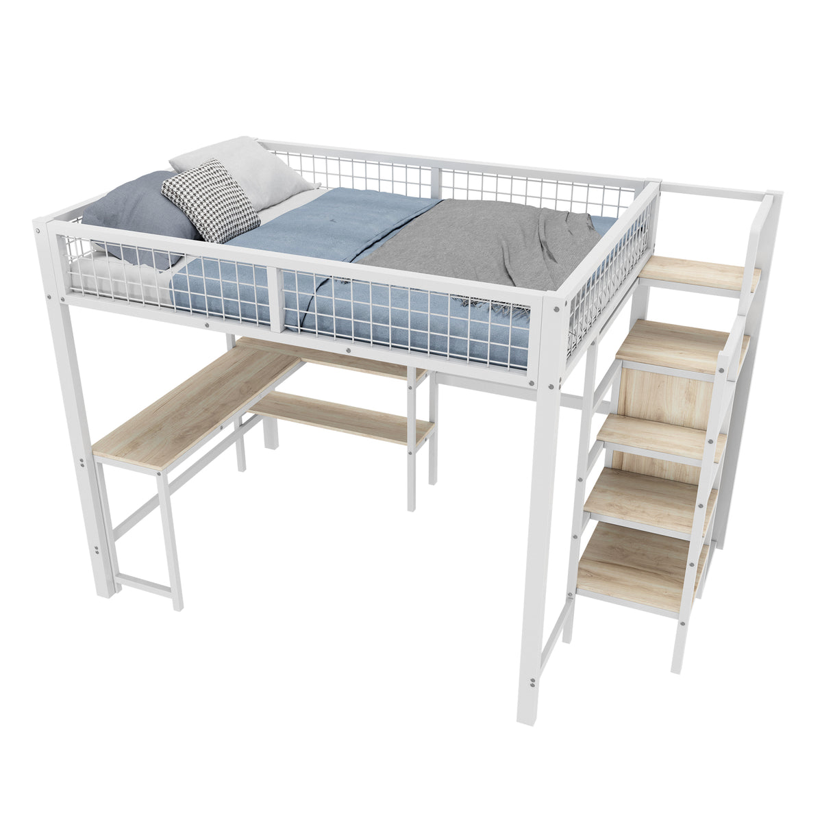 Loft Bed 140x200cm with Desk, Wardrobe & Shelves - White Iron
