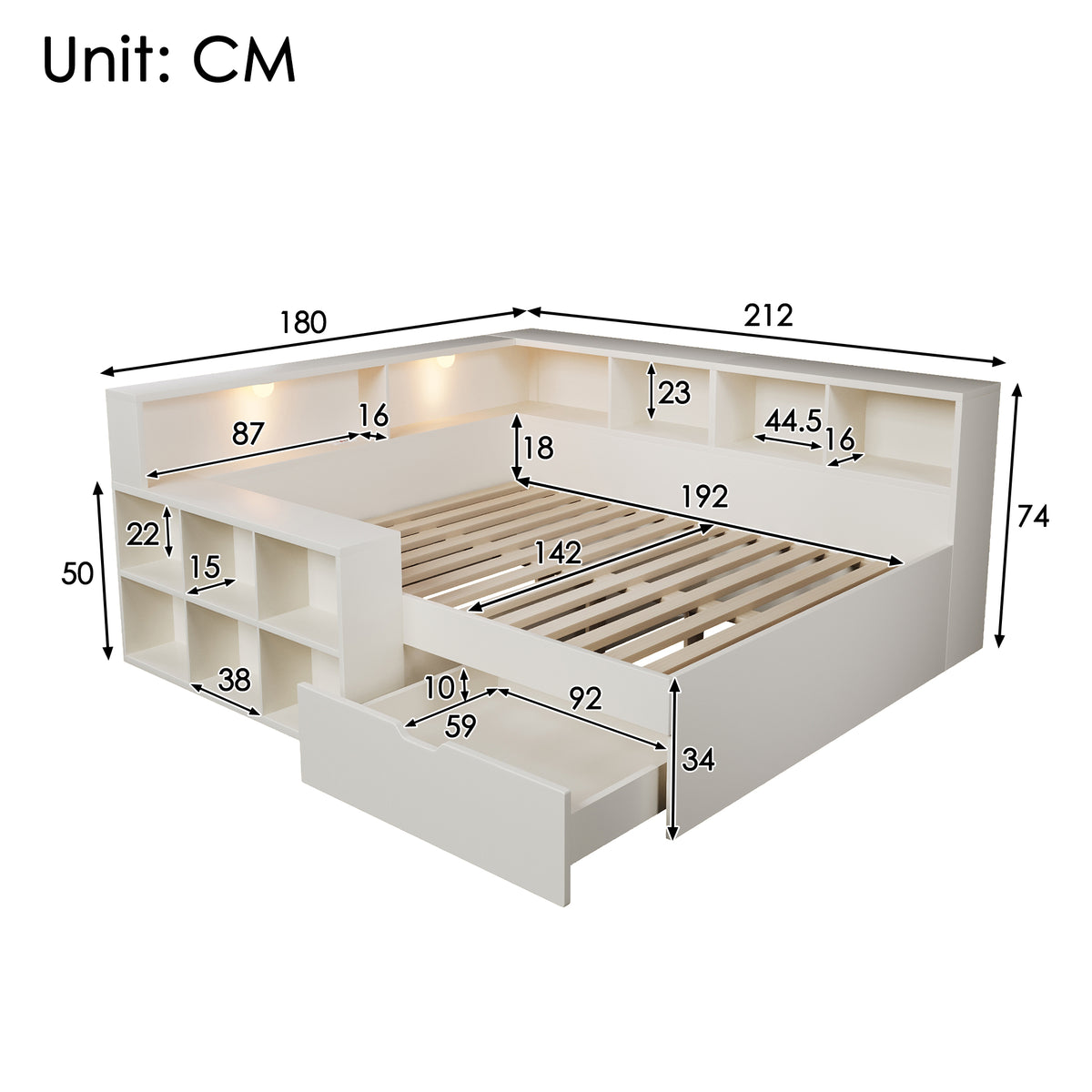 Wooden Double Bed 140x190cm with Storage & USB, White