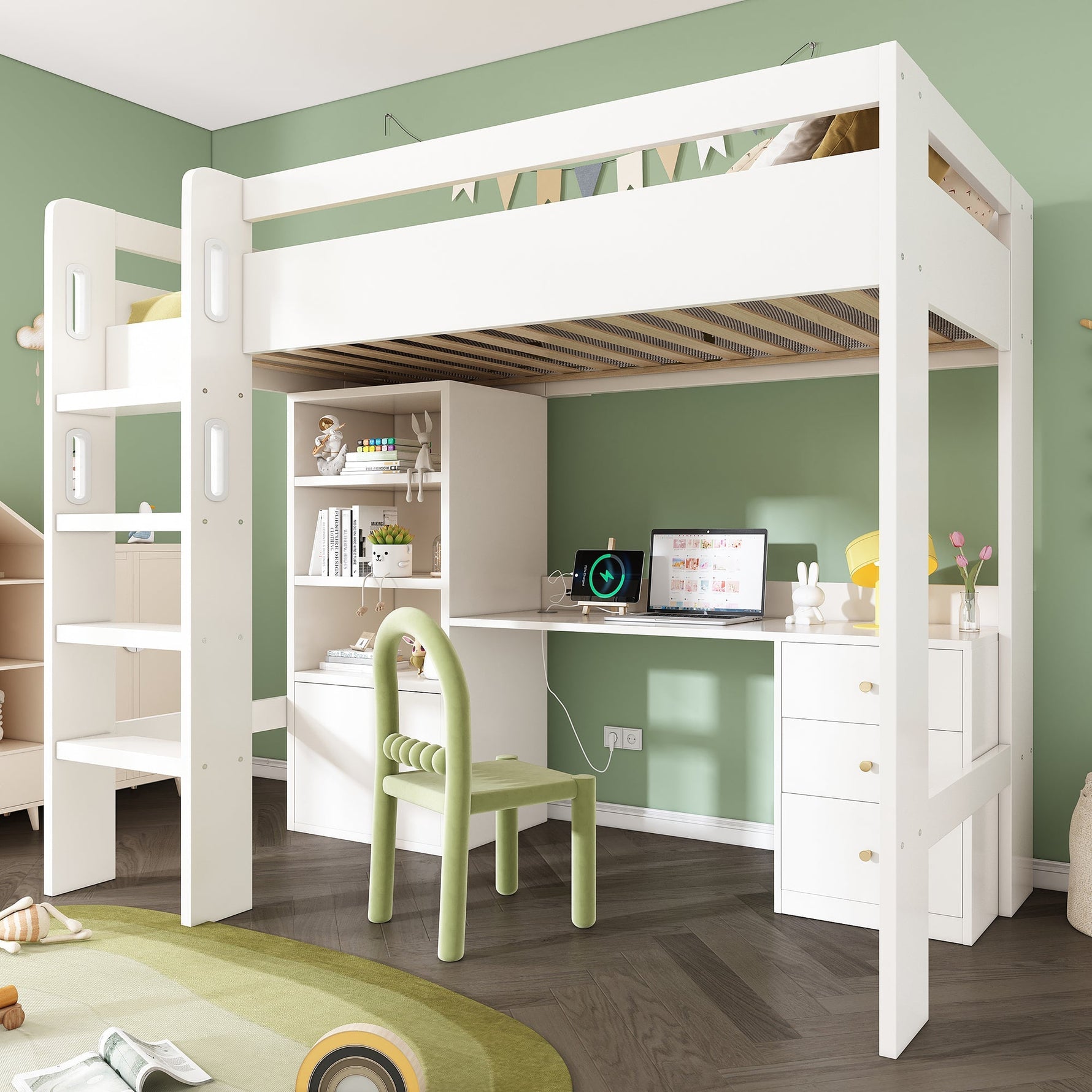 Children's Loft Bed, USB-C Desk, Wardrobe, Filing Cabinet, Stairs, Slatted Frame, Storage, 90x200