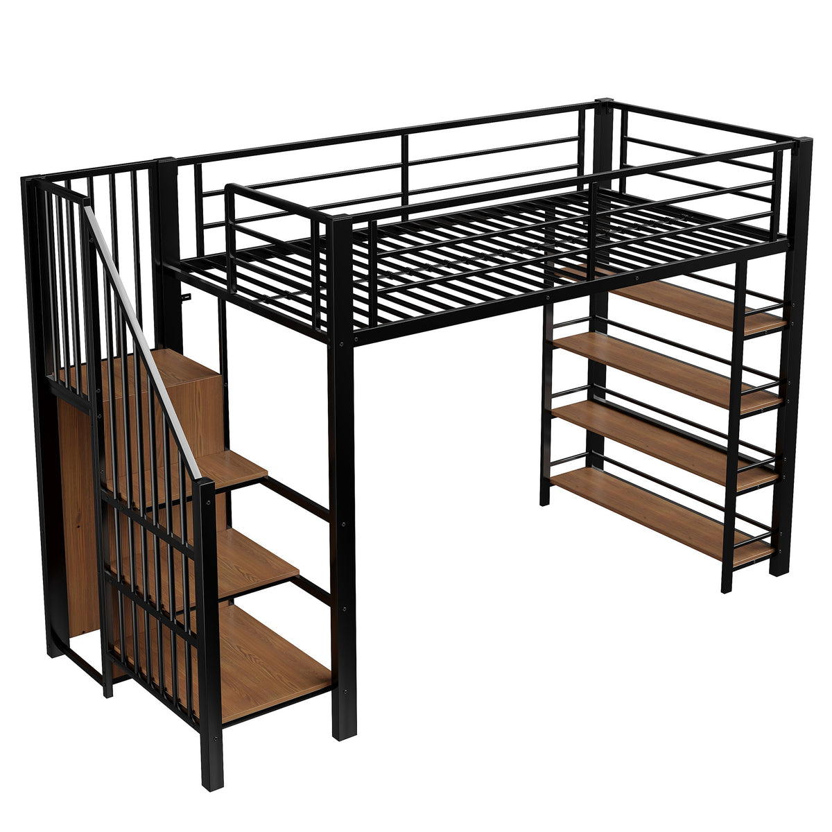 Loft Bed, 90x200 with Safety Stairs & Storage Wardrobe, Black