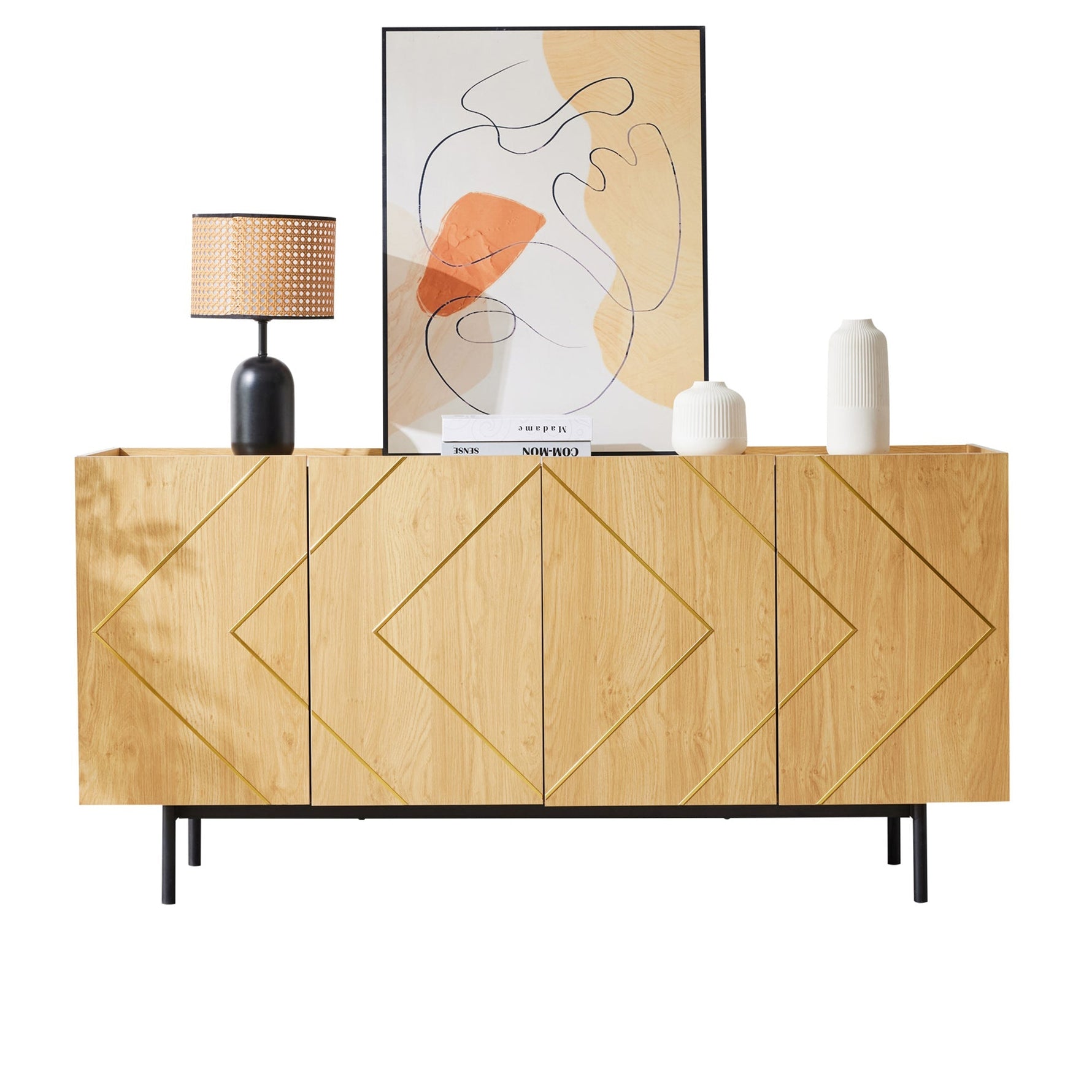 Sideboard living room buffet cabinet with 4 doors and metal inlay natural wood
