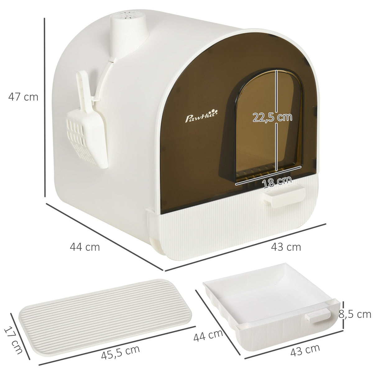 Cat Litter Box with Hood, Litter Mat, Plastic, White