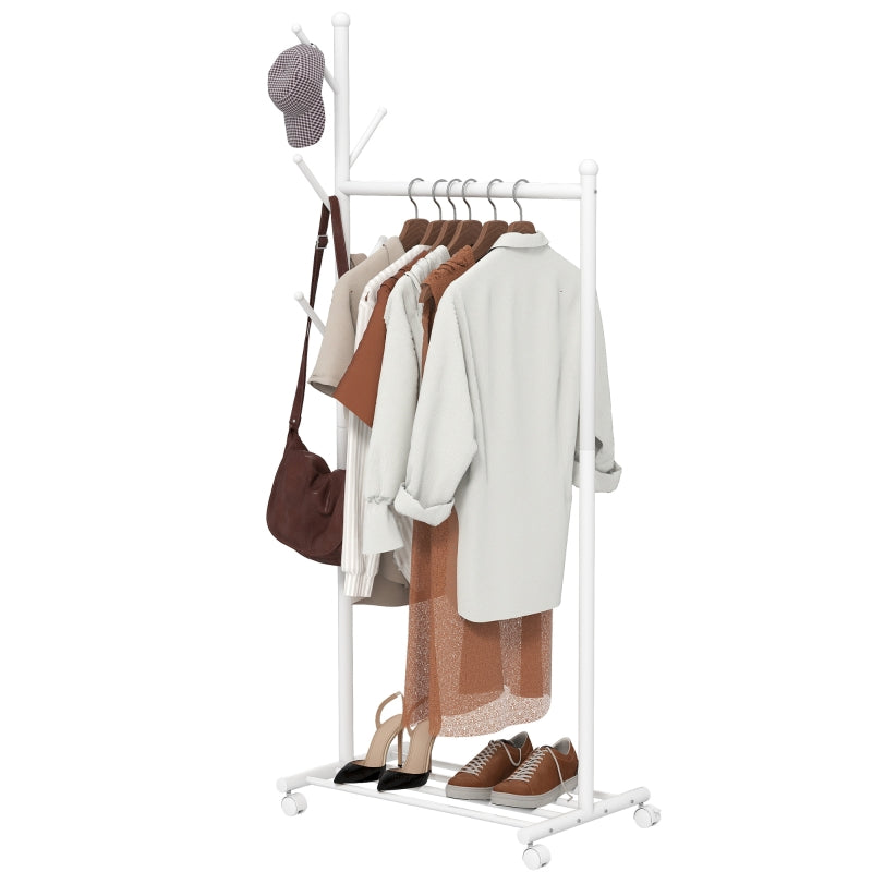 Clothes Rack, Mobile Wardrobe Rail 5 Hooks Shoe Rack, White