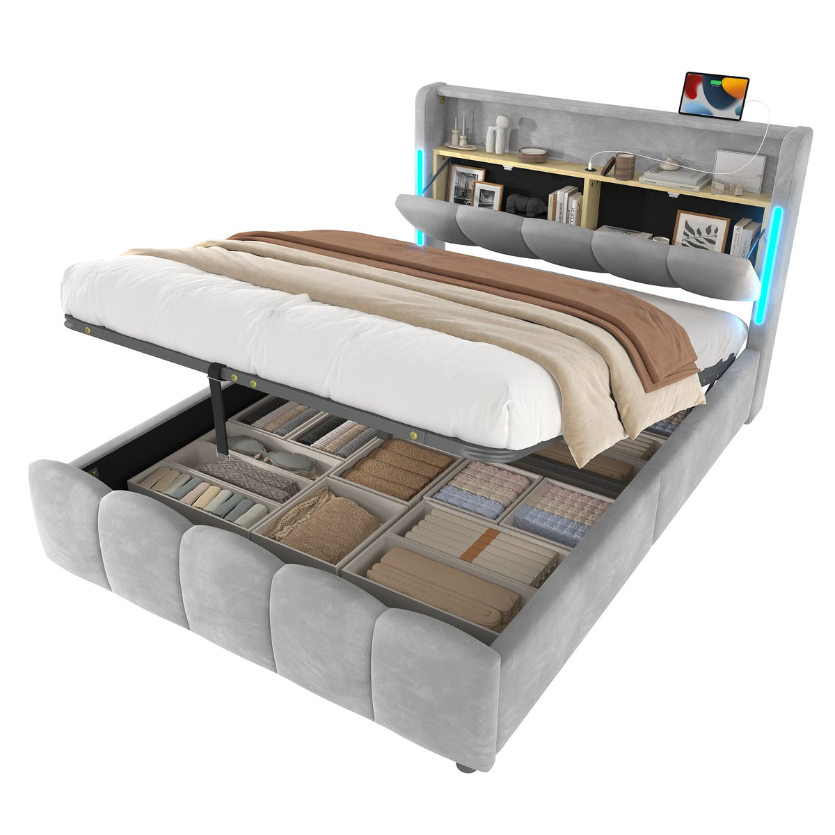 Upholstered Bed 140x200cm Hydraulic Storage LED Headboard USB/Type-C Velvet Grey