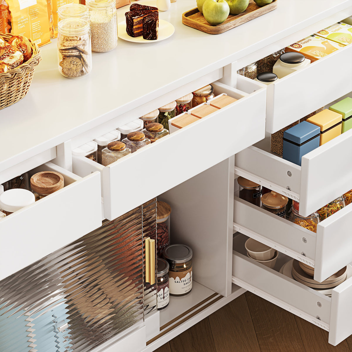 Modern Tall Cabinet with LED & App Control, Pegboard Storage - White