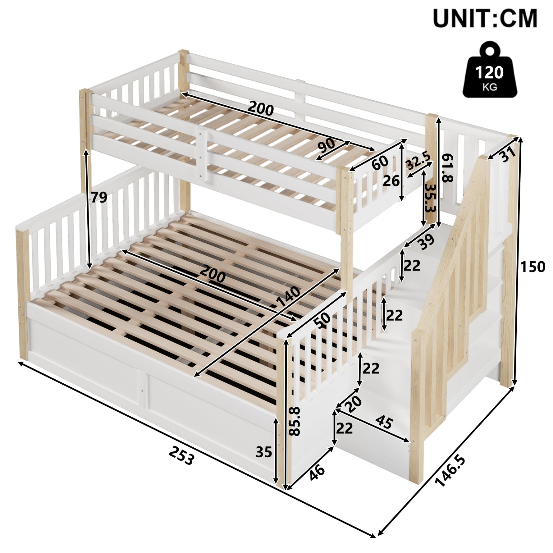 Bunk Bed 90x200/140x200cm Hydraulic Storage Ladder White/Natural