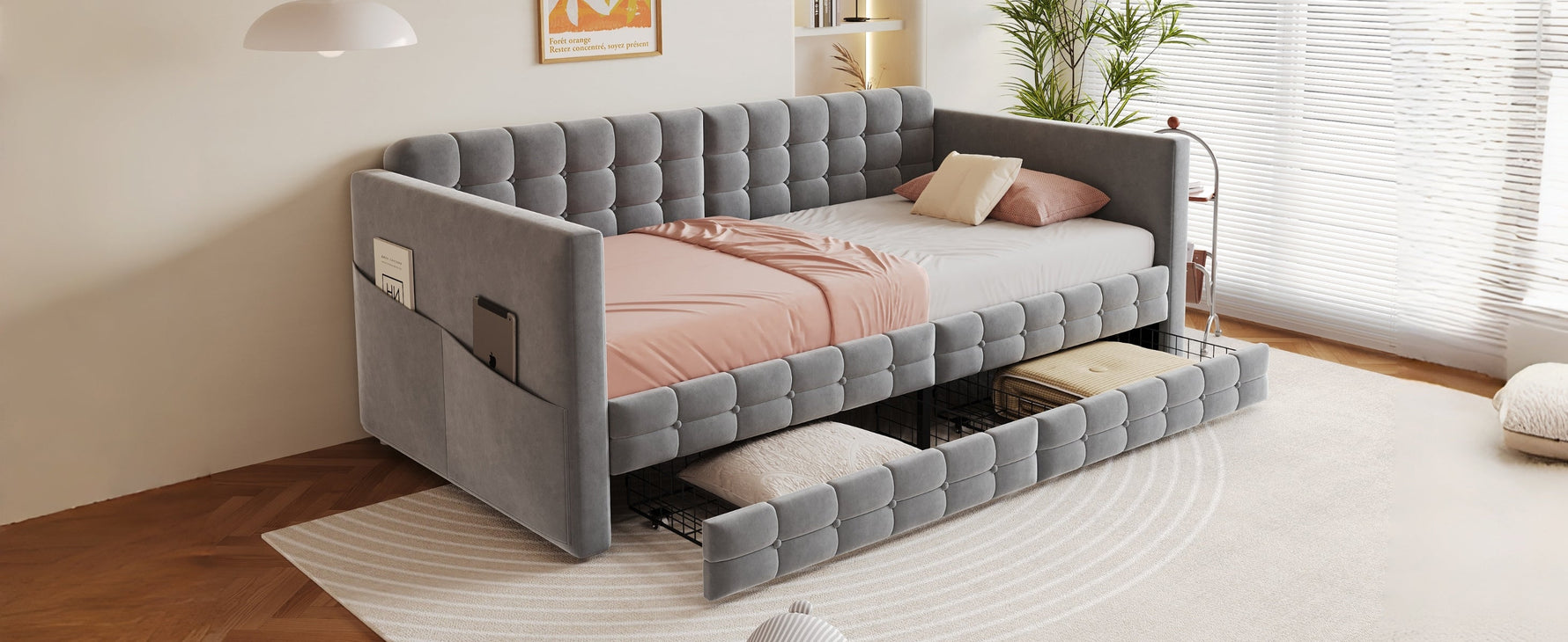 Upholstered Sofa Bed 90x190 with Side Storage and Drawers, Grey Velvet