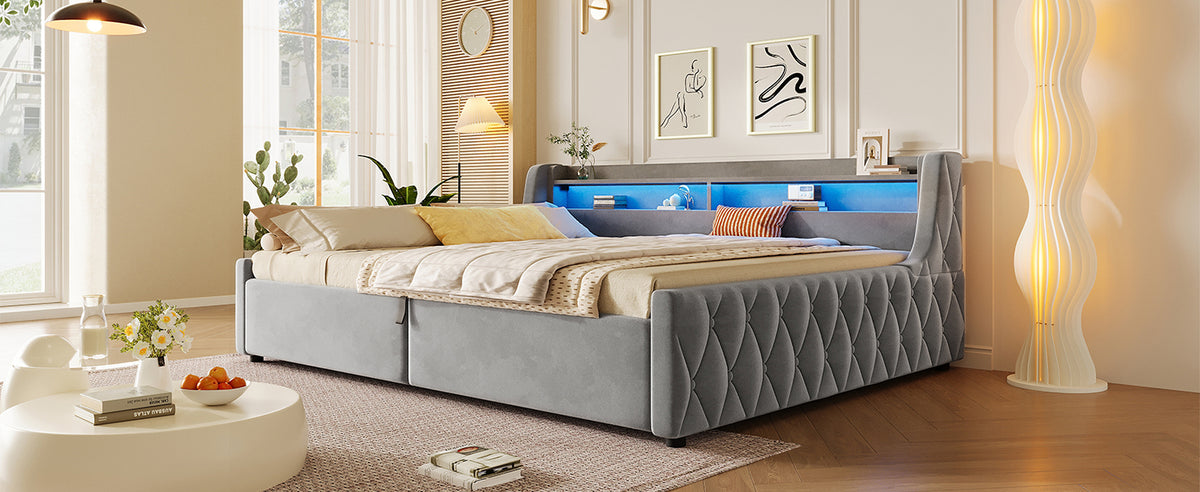 Platform Bed 140x200 with Hydraulic Storage & LED, Grey Velvet