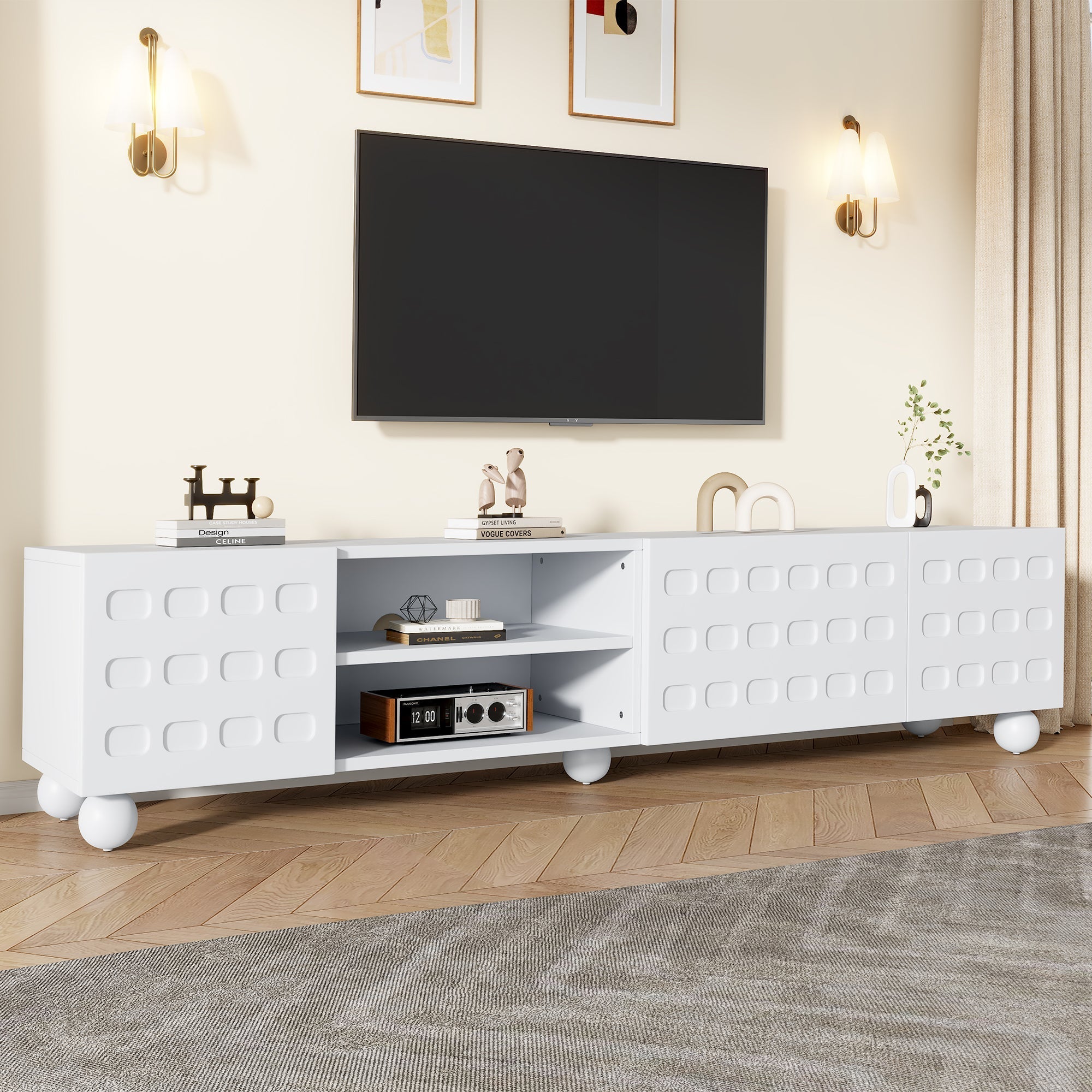TV Cabinet Lowboard 200cm 3-Door Printed Design - White