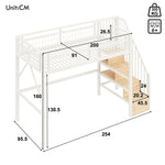 Loft Bed 90x200cm with LED & Storage Staircase - White Iron Frame