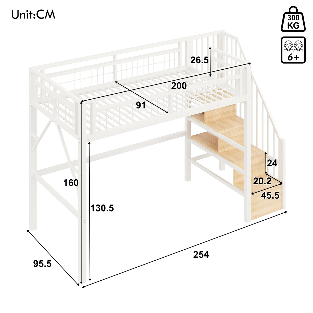 Loft Bed 90x200cm with LED & Storage Staircase - White Iron Frame