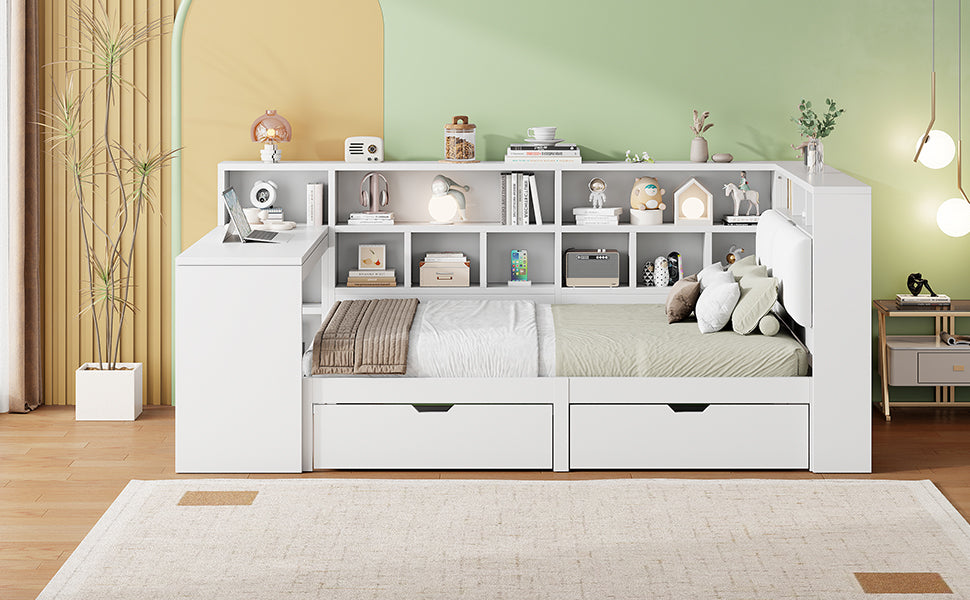 L-shaped Platform Bed 140x200 with Desk Bookshelf Upholstered Headboard Drawers LED Light White Wood