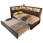 Upholstered Bed with Pull-out Bed, LED, Bluetooth Speaker and Charging Ports, 90x200cm, Grey Linen