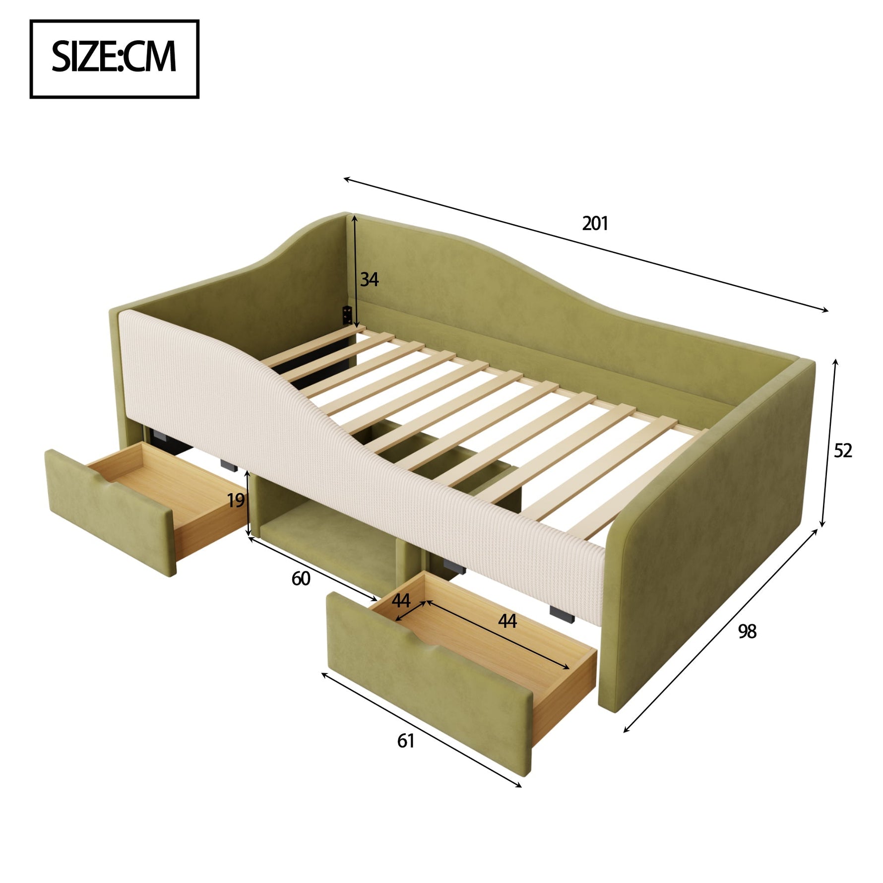 Upholstered Sofa Bed 90x190cm Multifunctional 2 Drawers Railings - Velvet Dark Green/Cream White