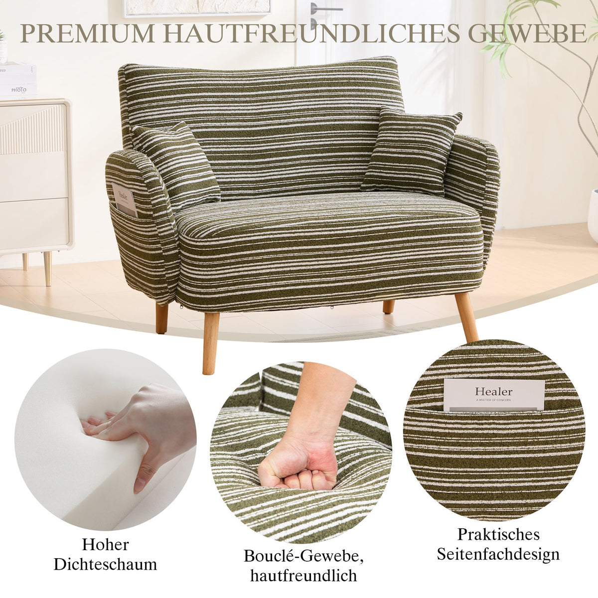 Modern Two-Seater Sofa with Comfortable Armrests and Storage Bag, Loop Fabric