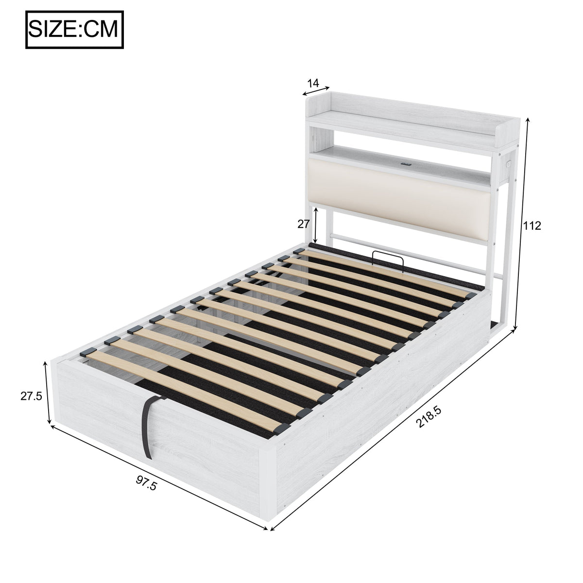 Bed Frame 90 x 200, Hydraulic Lift, USB, Upholstered Headboard, White