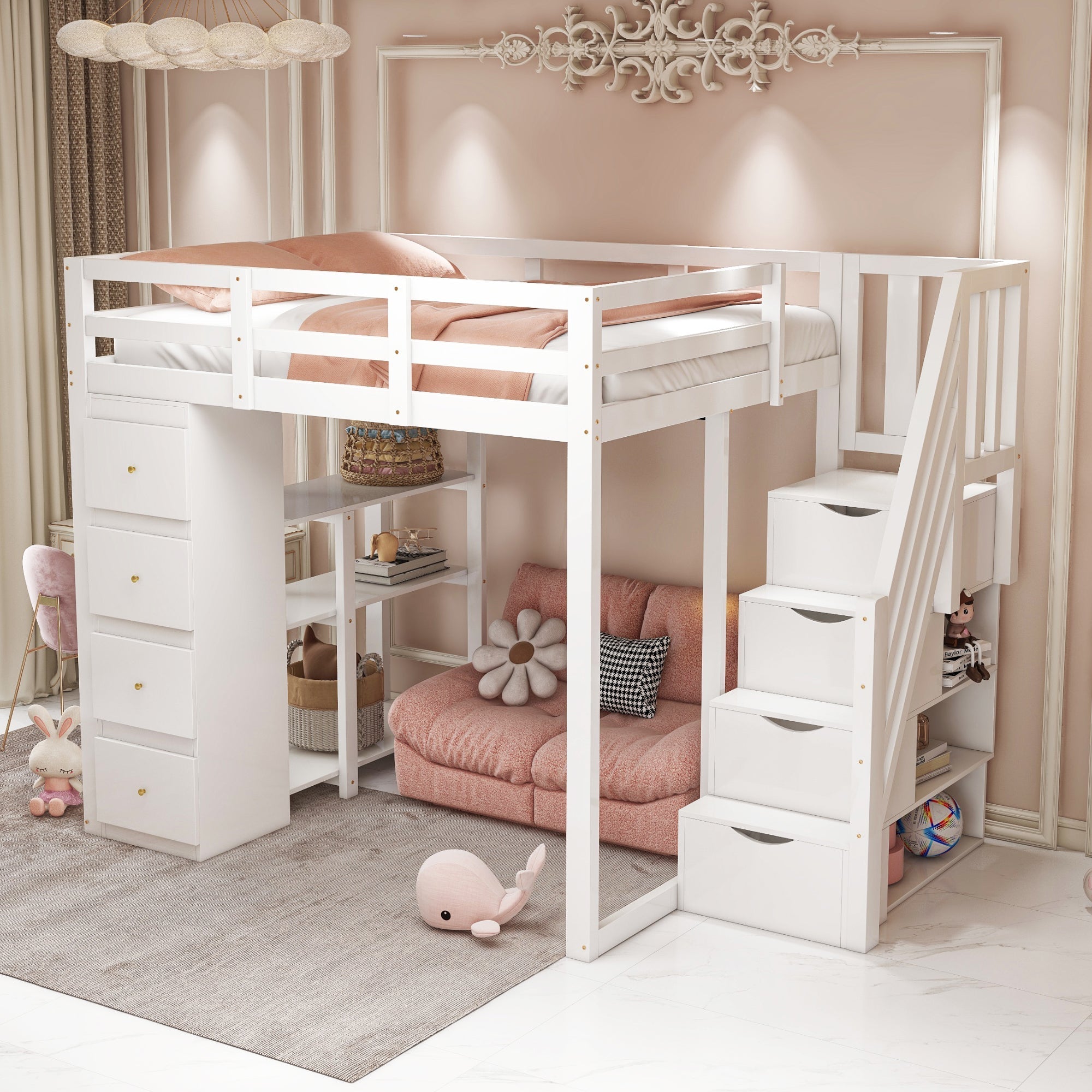 Loft Bed, 140x200cm with Storage, Ladder & Shelves, White Solid Wood