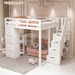 Loft Bed, 140x200cm with Storage, Ladder & Shelves, White Solid Wood