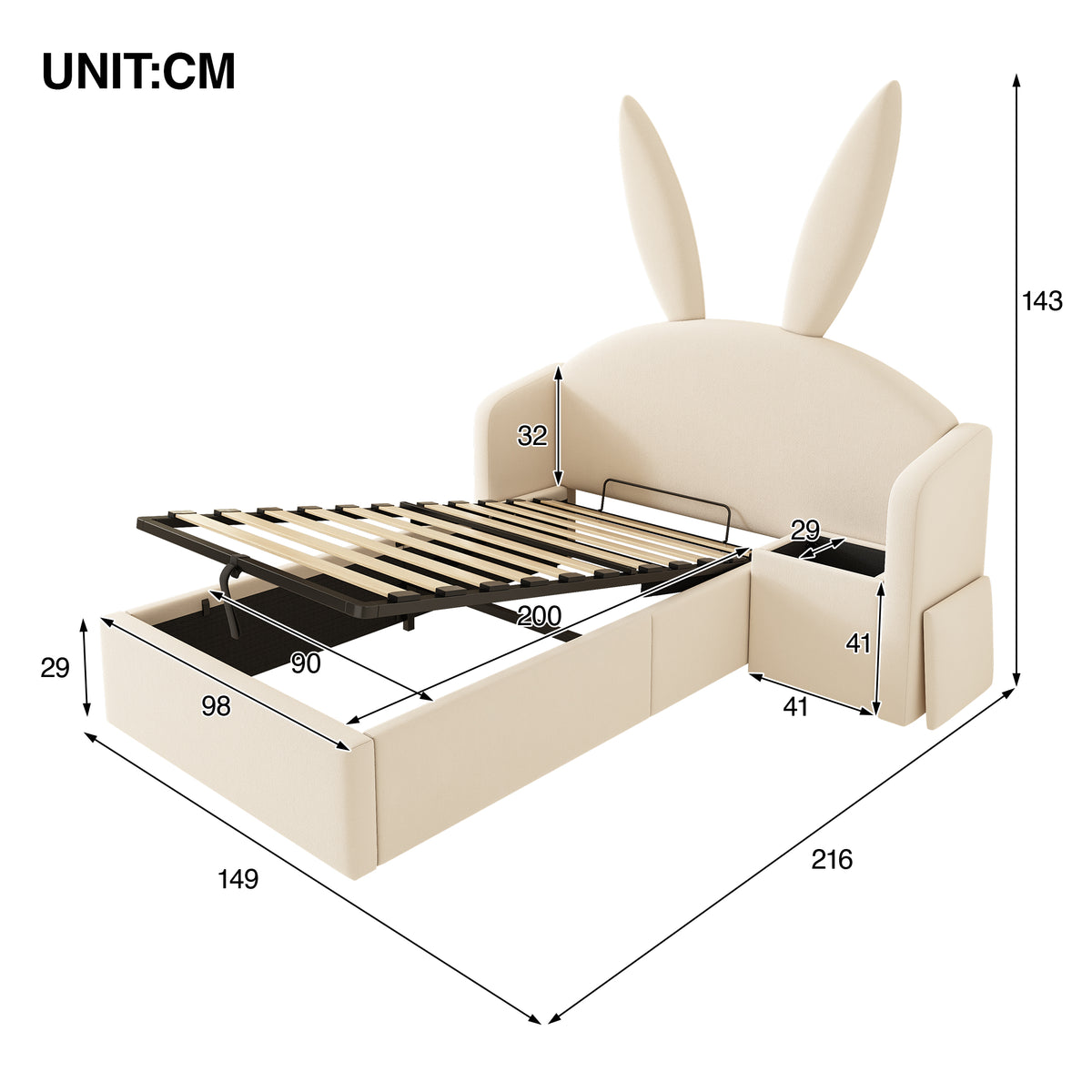 Youth Bed 90x200cm with Storage & Bedside Table, Beige Velvet