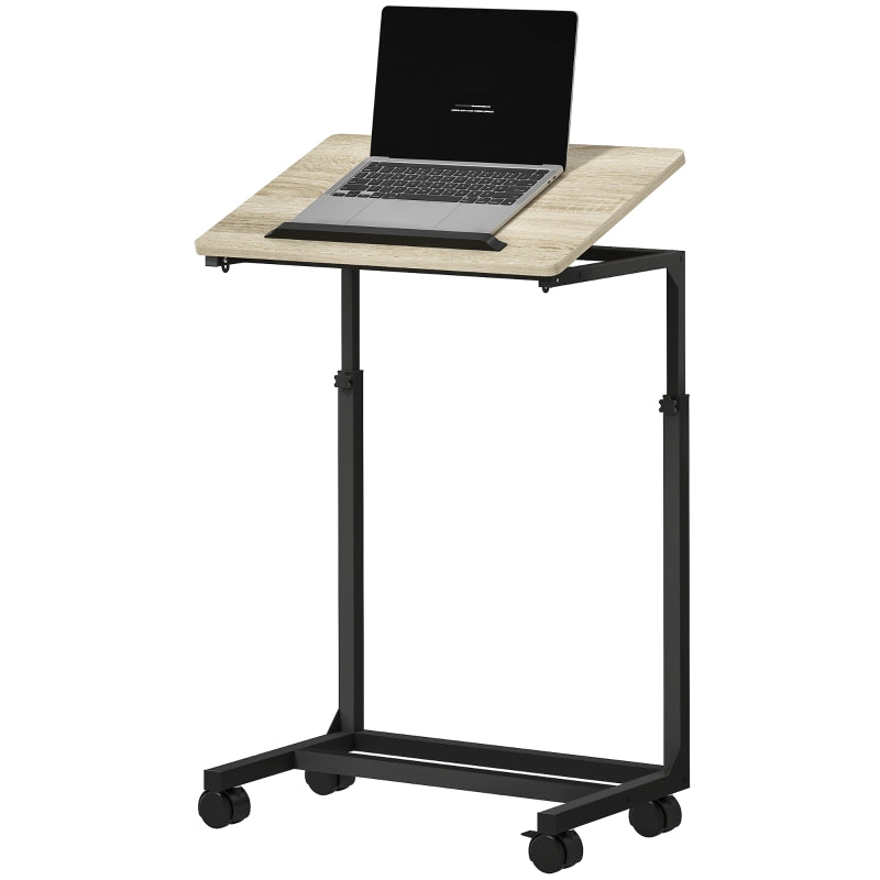 C-shaped side table, height-adjustable coffee laptop table with wheels, white