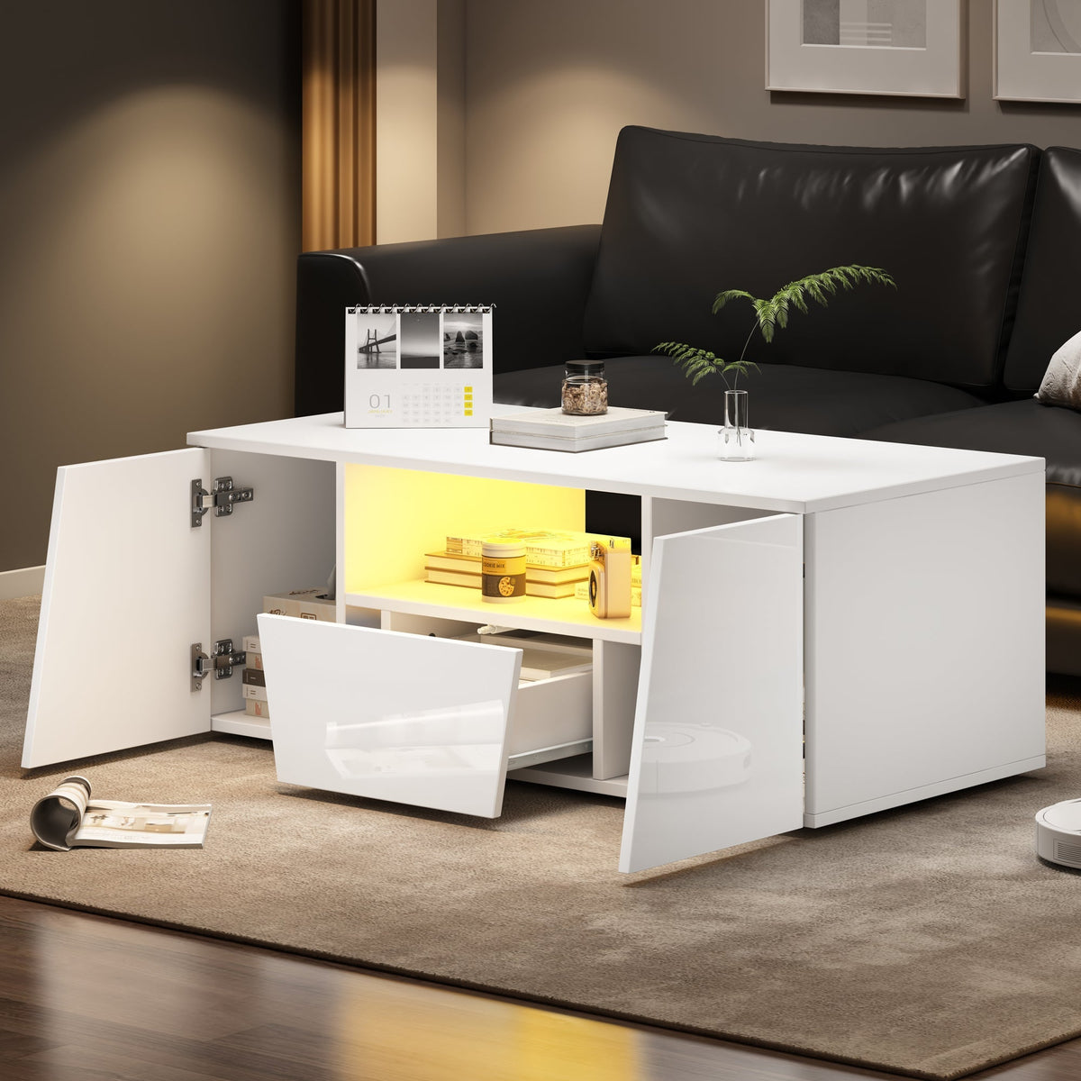 Coffee Table, Sofa Table with LED Light, 2 Cabinets, 1 Drawer, Irregular Design, White