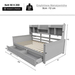 Sofa Bed 90x200 with Drawers & Shelves, Solid Wood Grey