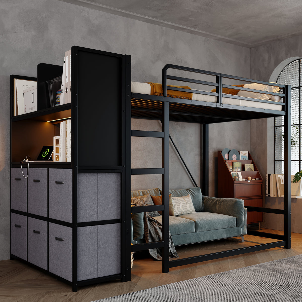 Loft Bed 120x200 cm with Storage & Charging, Black Metal