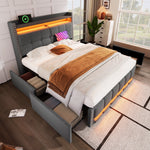 Upholstered Bed with LED, USB, Shelves & 4 Drawers, Gray Linen