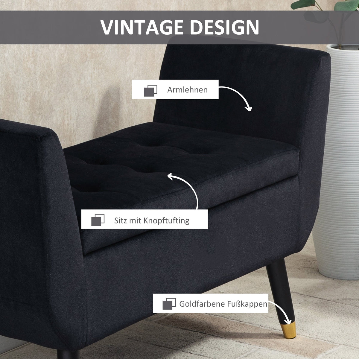 Luxury Upholstered Bench, with Storage & Armrests, Velvet Polyester, Black