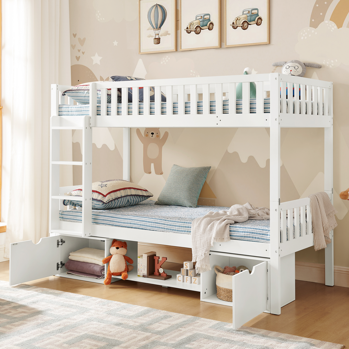 Children's Bunk Bed 90x200cm with Storage Drawers, White Pine Wood