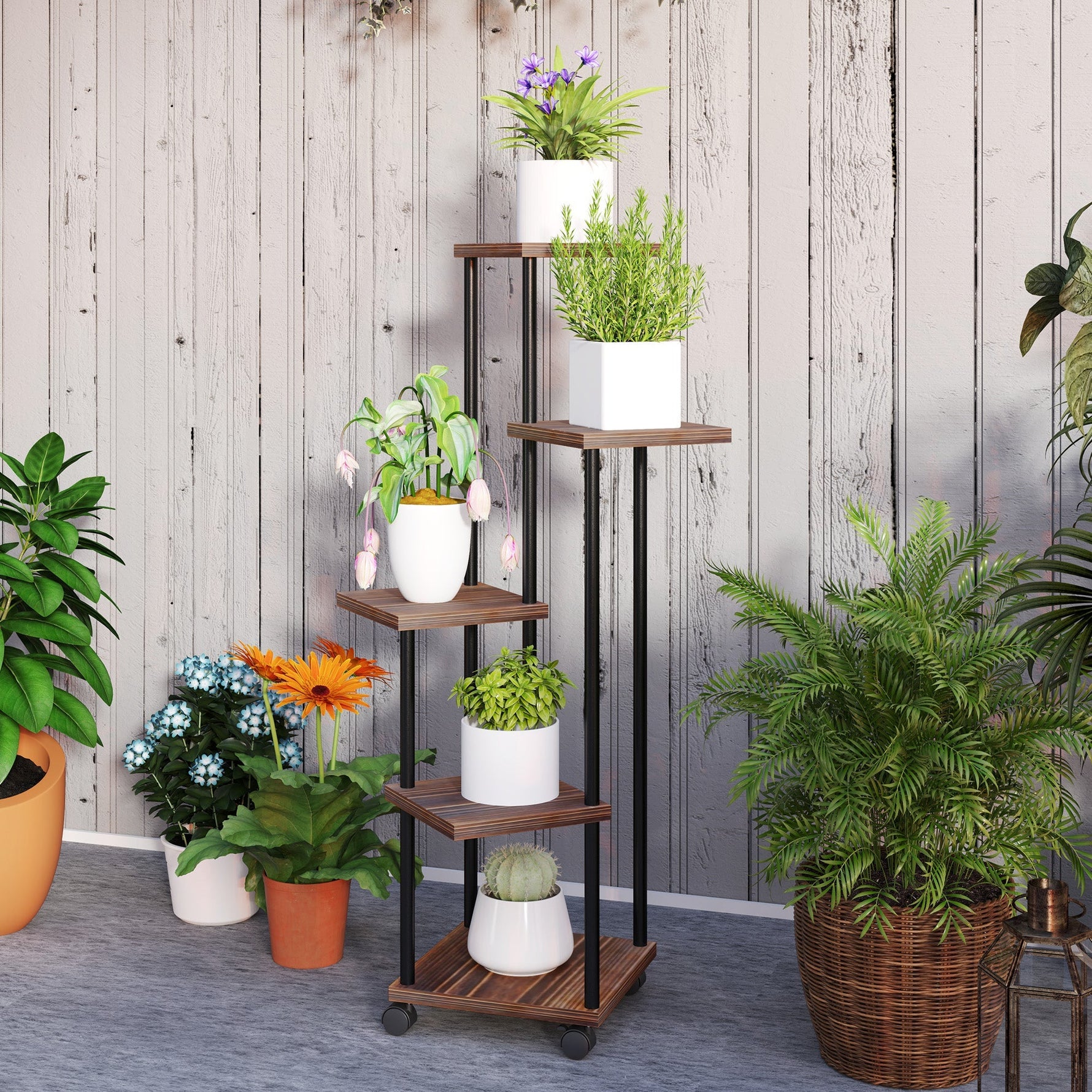 5-Tier Plant Stand, Wheels, 110cm High, Steel Wood, Charred