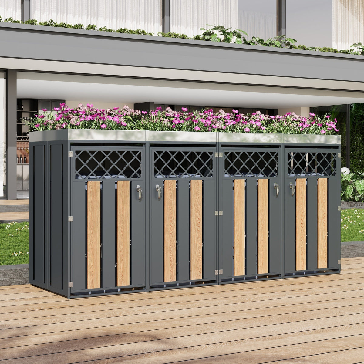 Garbage Can Enclosure with Diamond Ventilation Holes, Lockable Four Doors and Planting Area, Metal