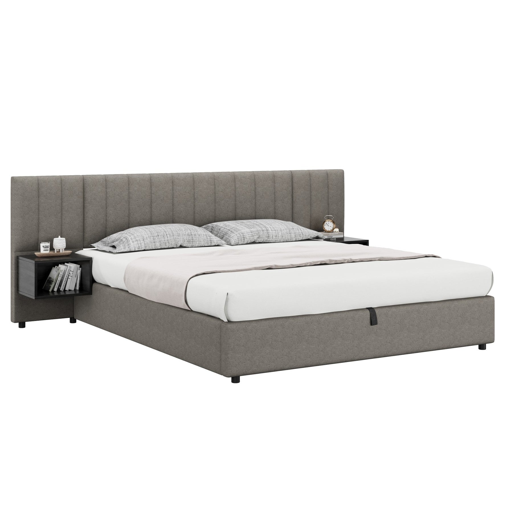 Upholstered Bed 180x200cm Hydraulic Storage 2 Bedside Tables - Linen Grey/Black
