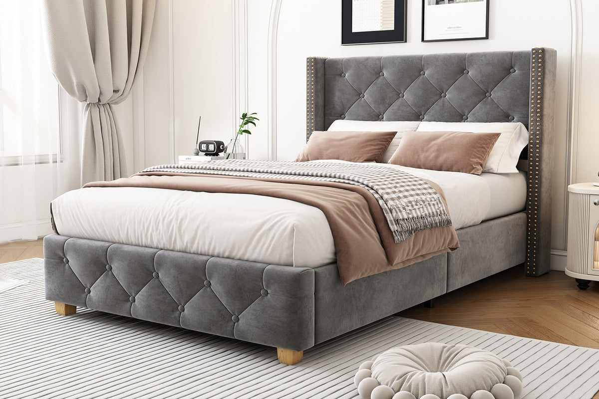 Upholstered Bed 90x200cm with Slatted Frame, Grey Velvet